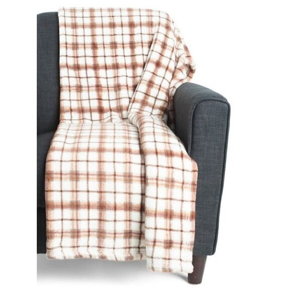 THRO Noah Plaid Printed Plush Throw Coconut Milk White | OS - Picture 1 of 2